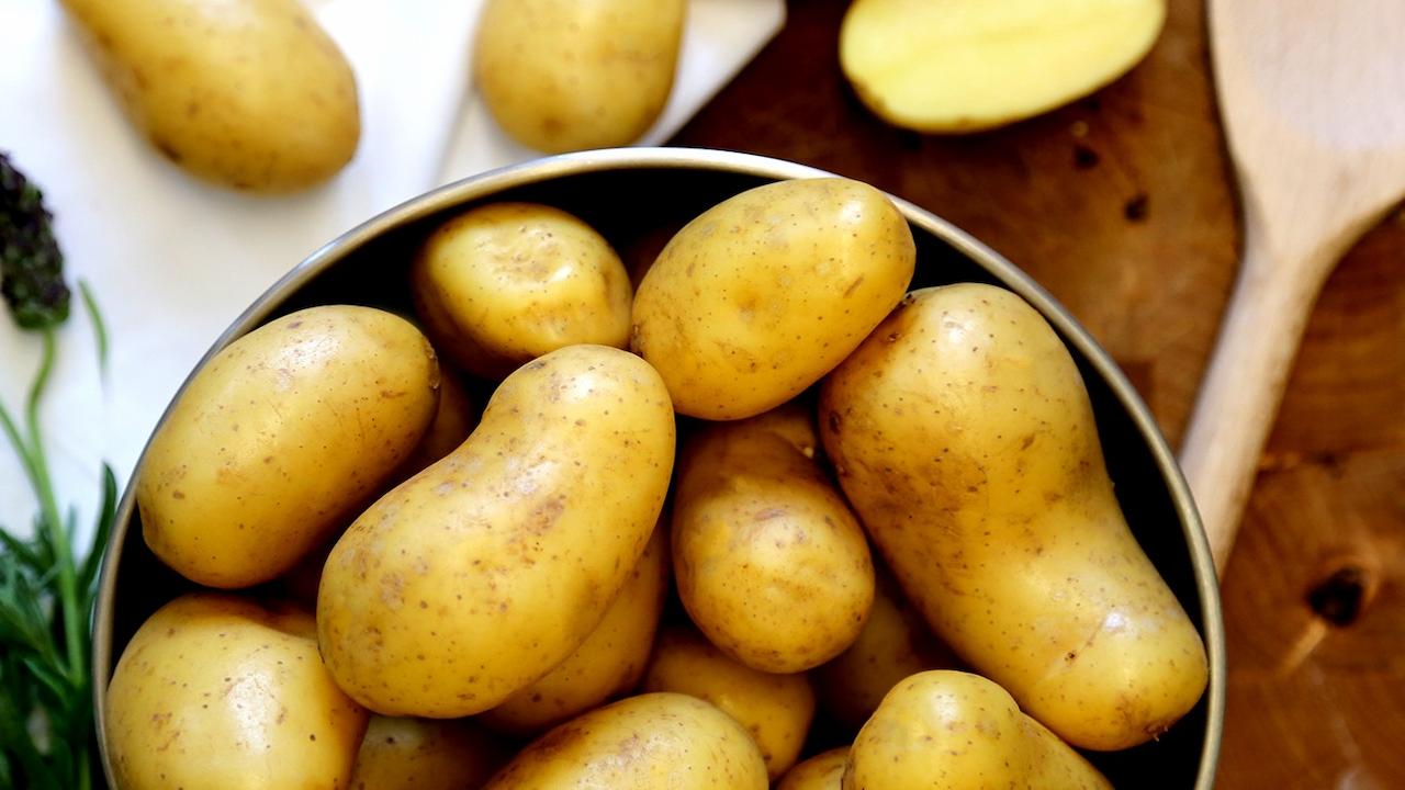 A saucepan full of salad potatoes